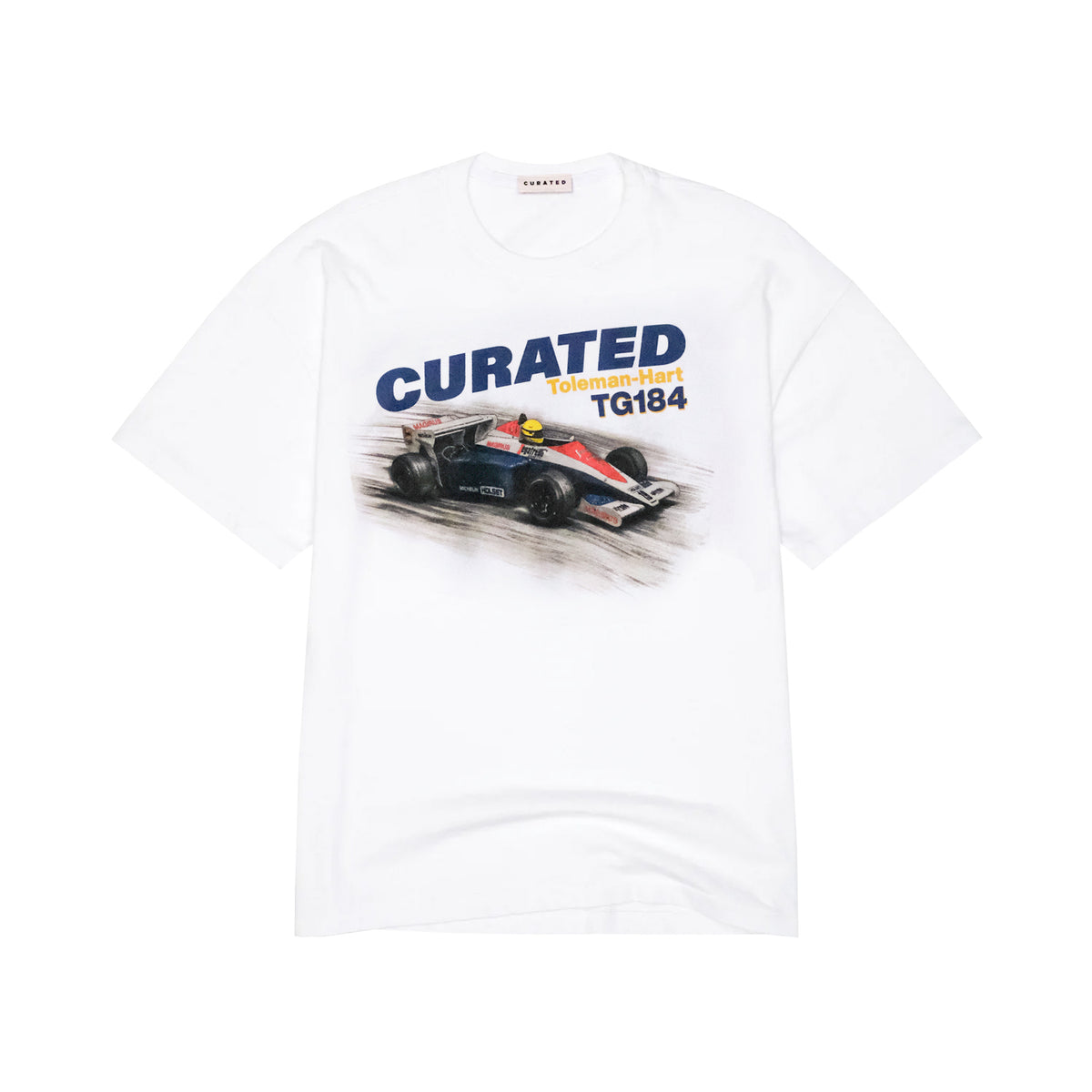 White t-shirt with a racing car graphic and 'Curated' text on a white background