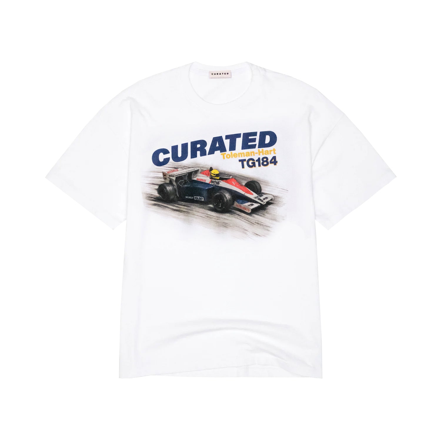 White t-shirt with a racing car graphic and 'Curated' text on a white background