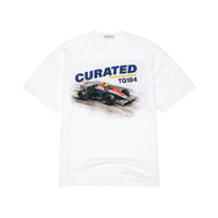 White t-shirt with a racing car graphic and 'Curated' text on a white background